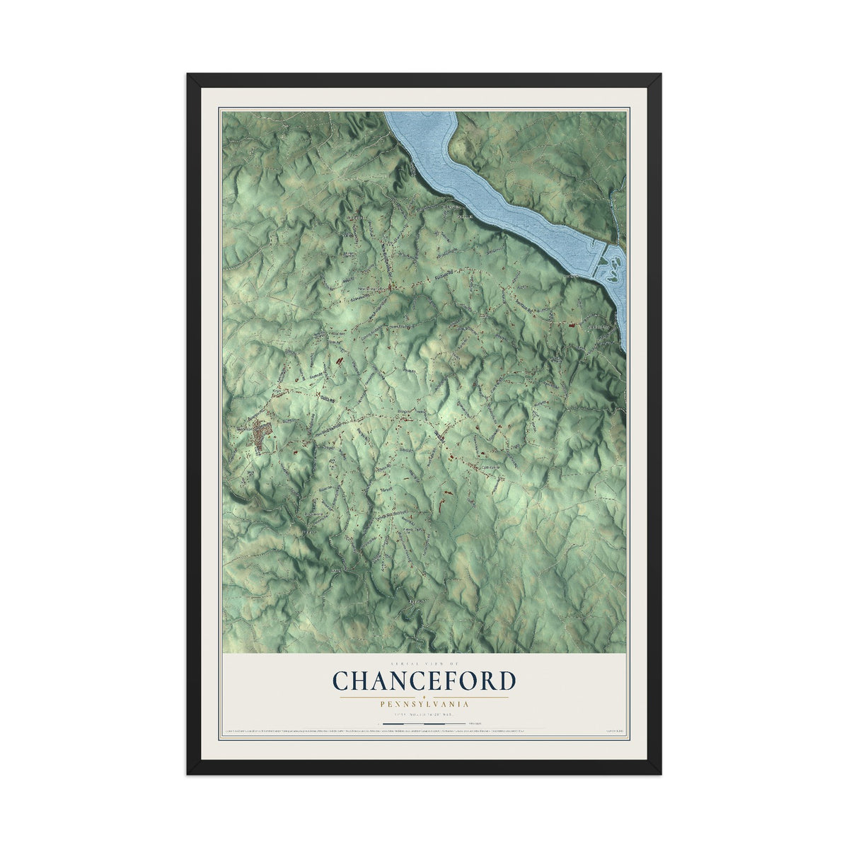 Map of Chanceford, Pennsylvania, 12 x 18 inch print in a black wood frame