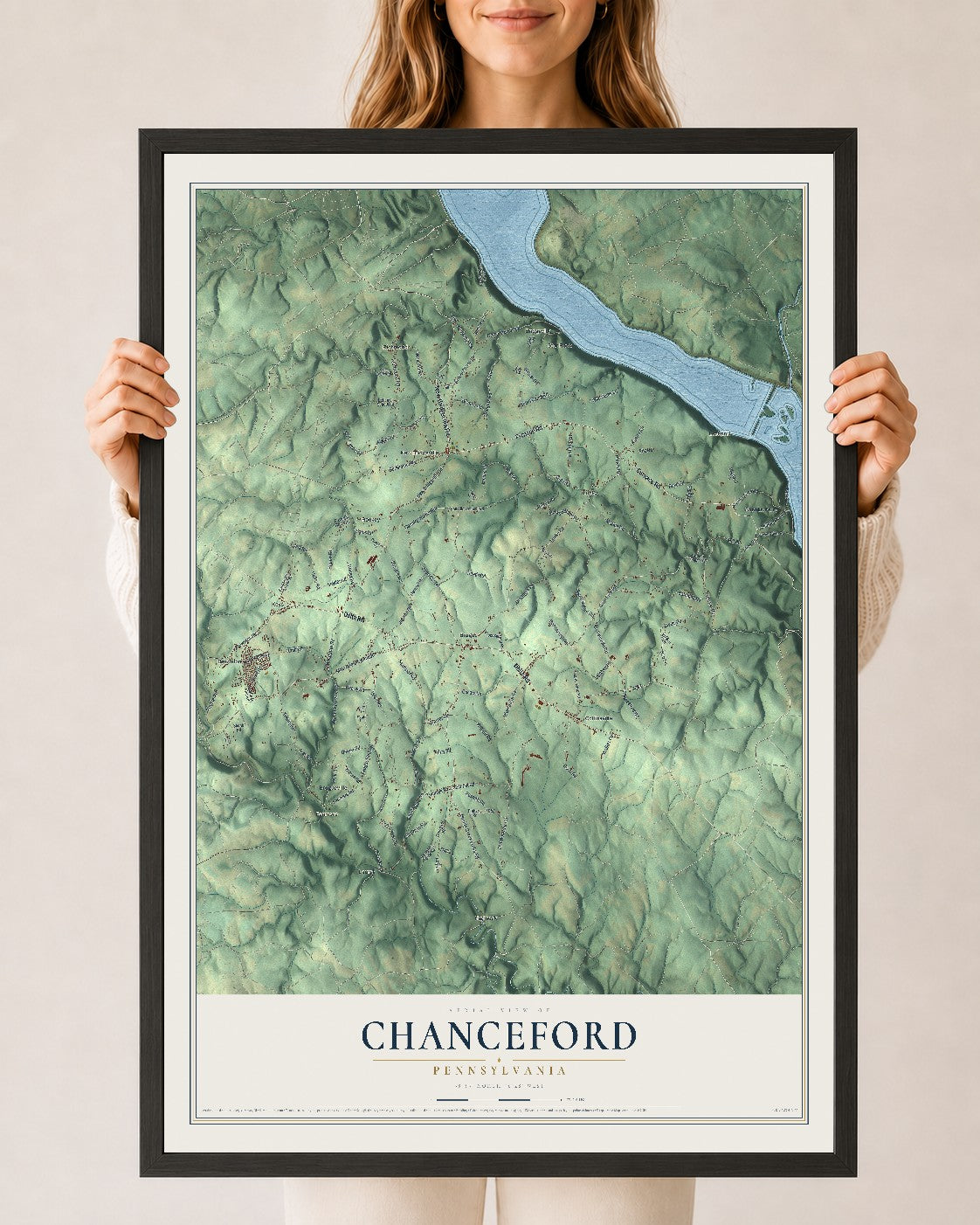 Map of Chanceford, Pennsylvania, 24 x 36 inch print in a black wood frame