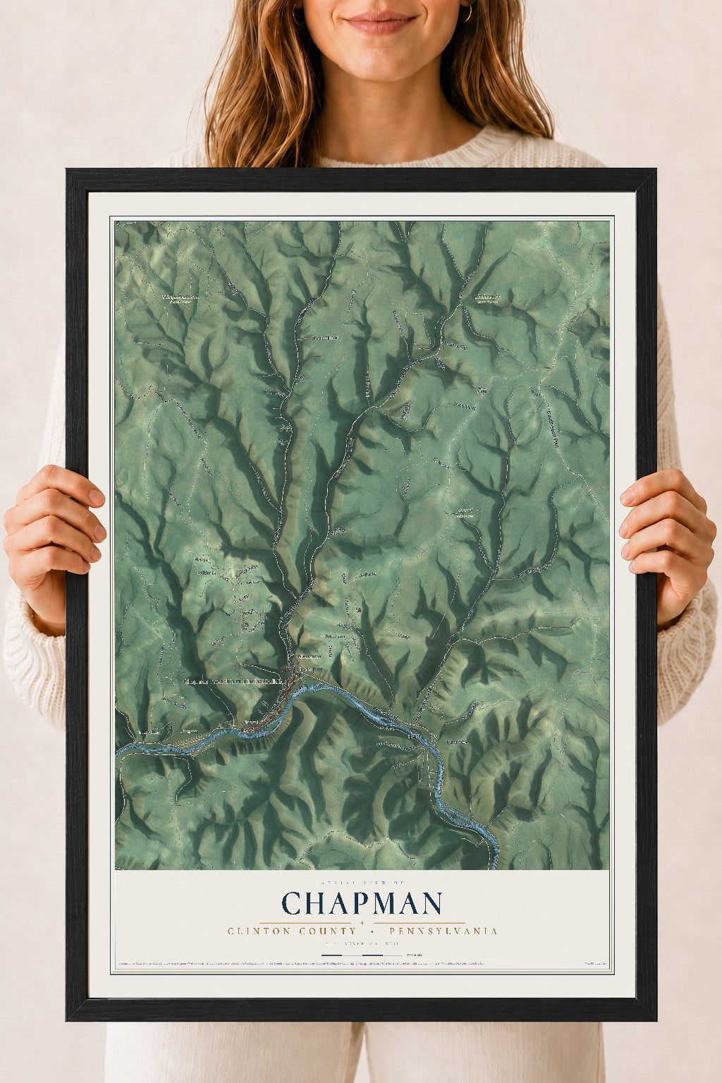 Map of Chapman, Clinton County, Pennsylvania, 18 x 24 inch print in a black wood frame