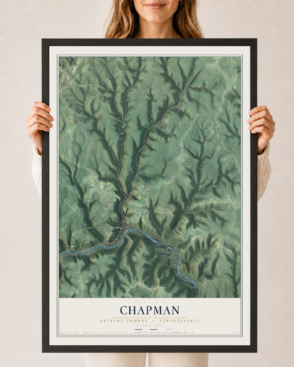Map of Chapman, Clinton County, Pennsylvania, 24 x 36 inch print in a black wood frame