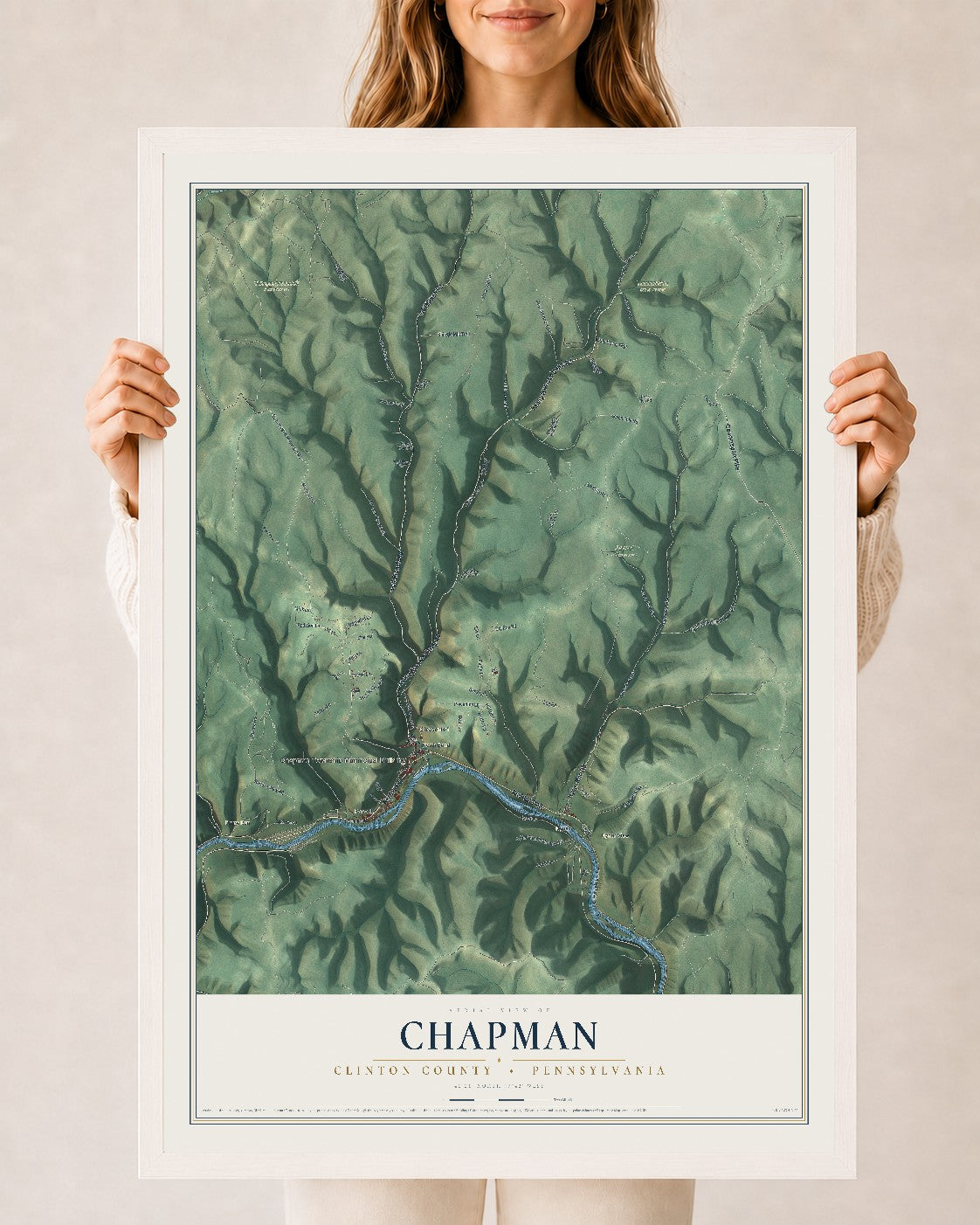 Map of Chapman, Clinton County, Pennsylvania, 24 x 36 inch print in a white wood frame