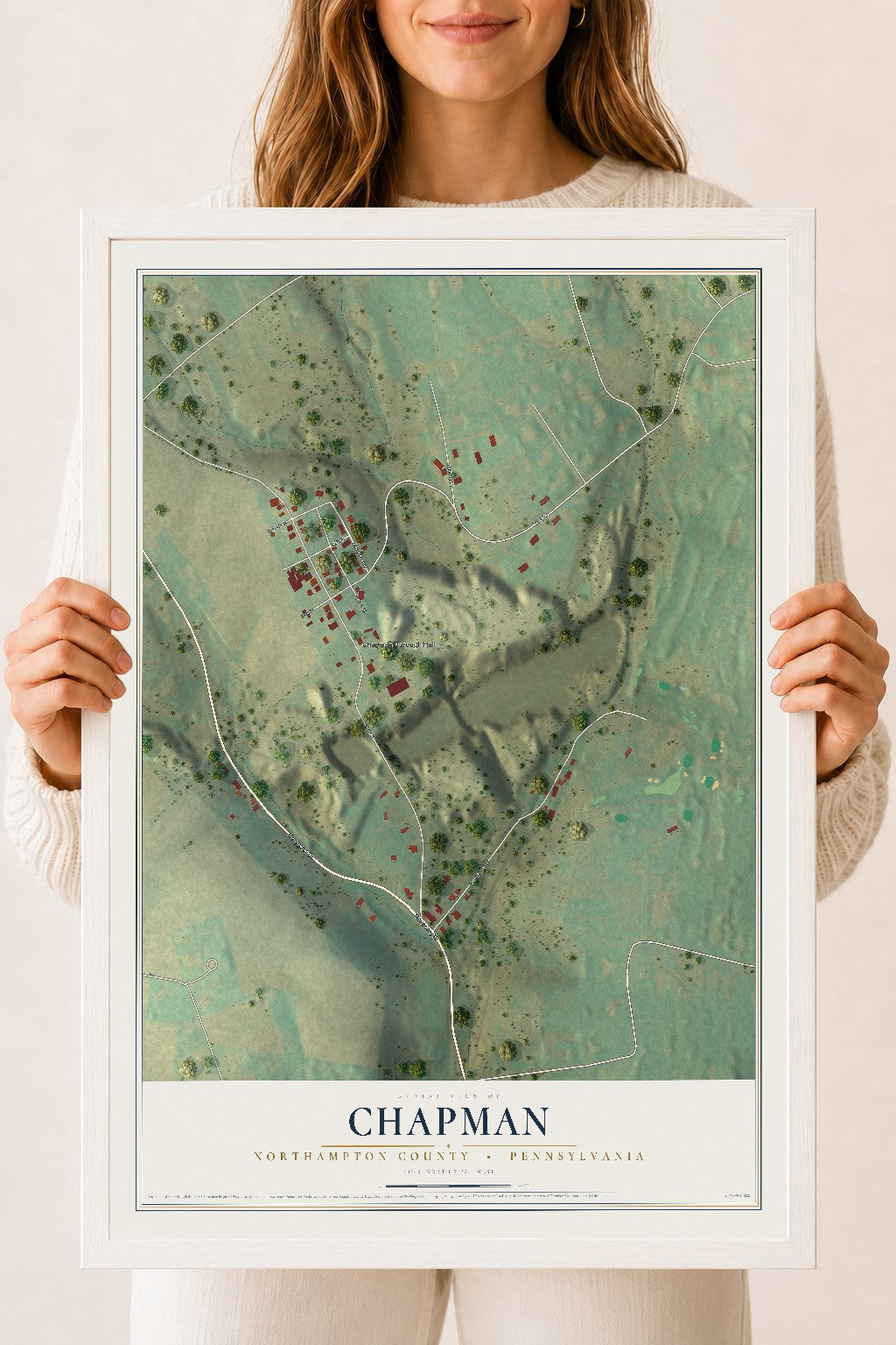 Map of Chapman, Northampton County, Pennsylvania, 18 x 24 inch print in a white wood frame
