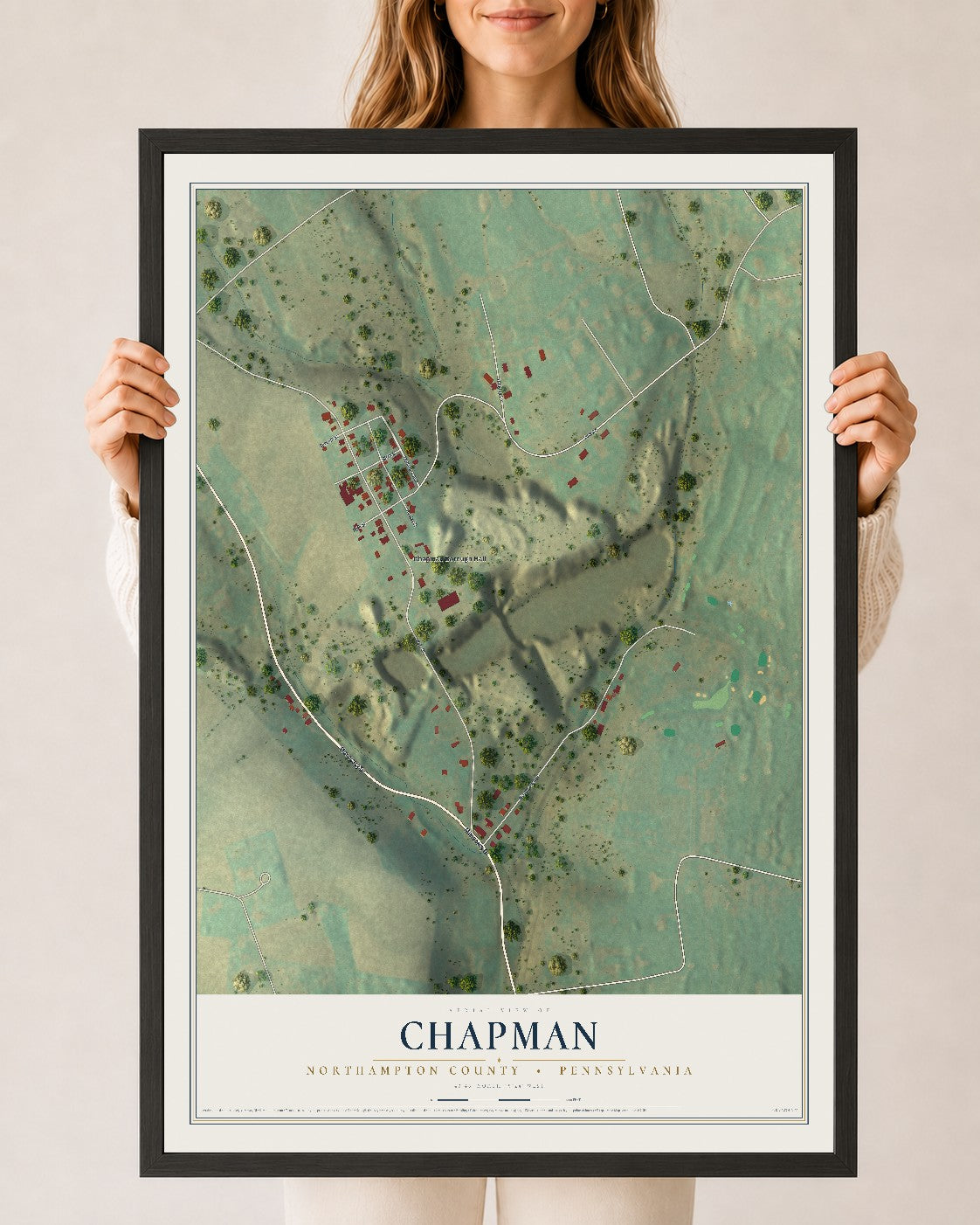 Map of Chapman, Northampton County, Pennsylvania, 24 x 36 inch print in a black wood frame