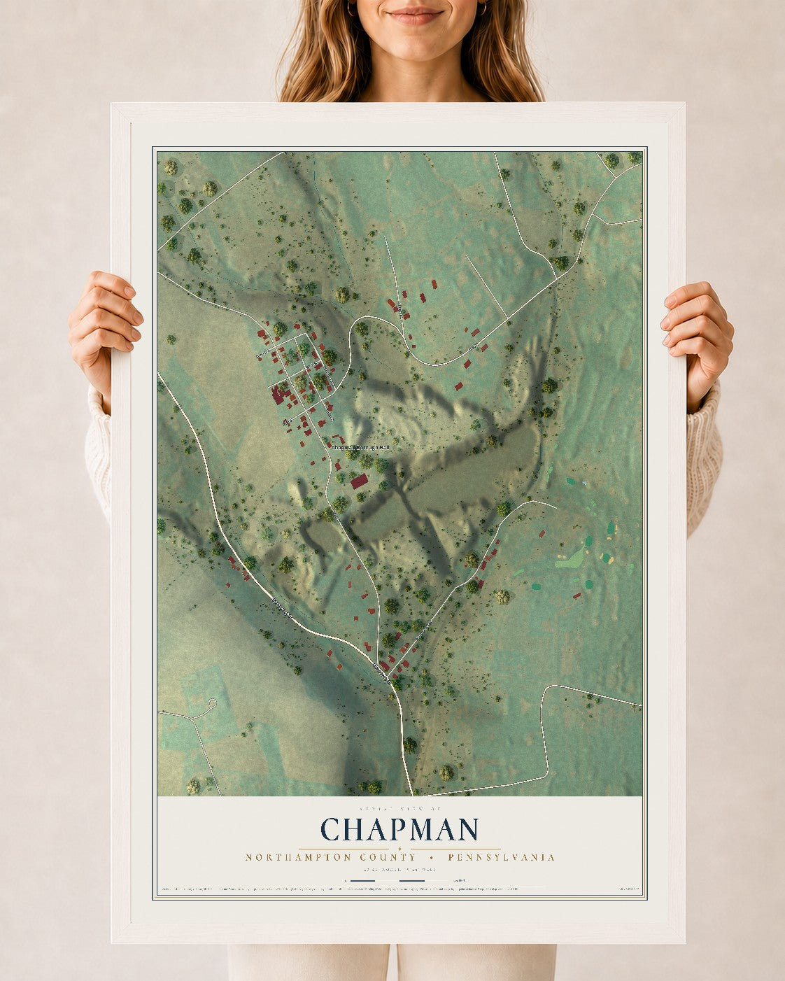 Map of Chapman, Northampton County, Pennsylvania, 24 x 36 inch print in a white wood frame