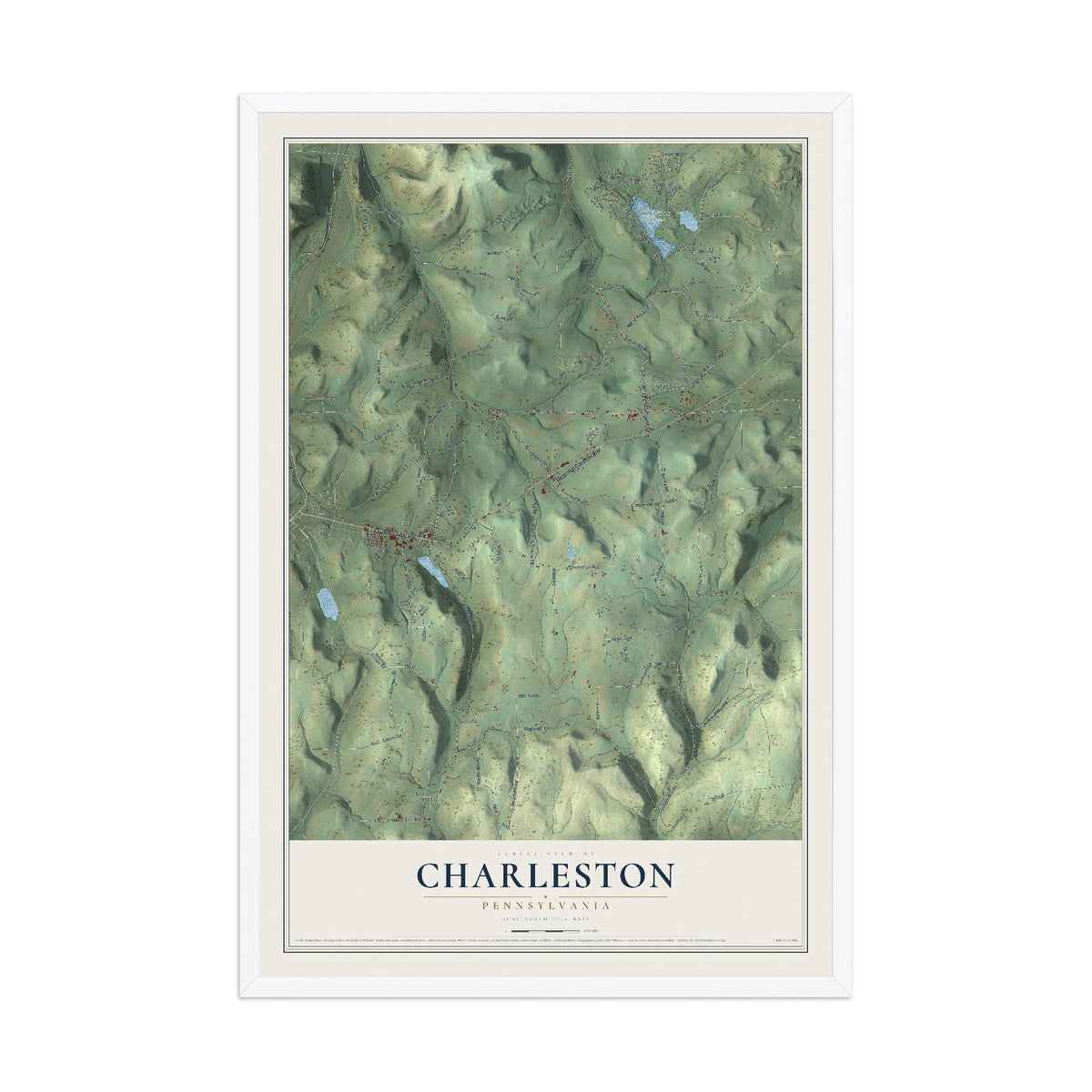 Map of Charleston, Pennsylvania, 12 x 18 inch print in a white wood frame