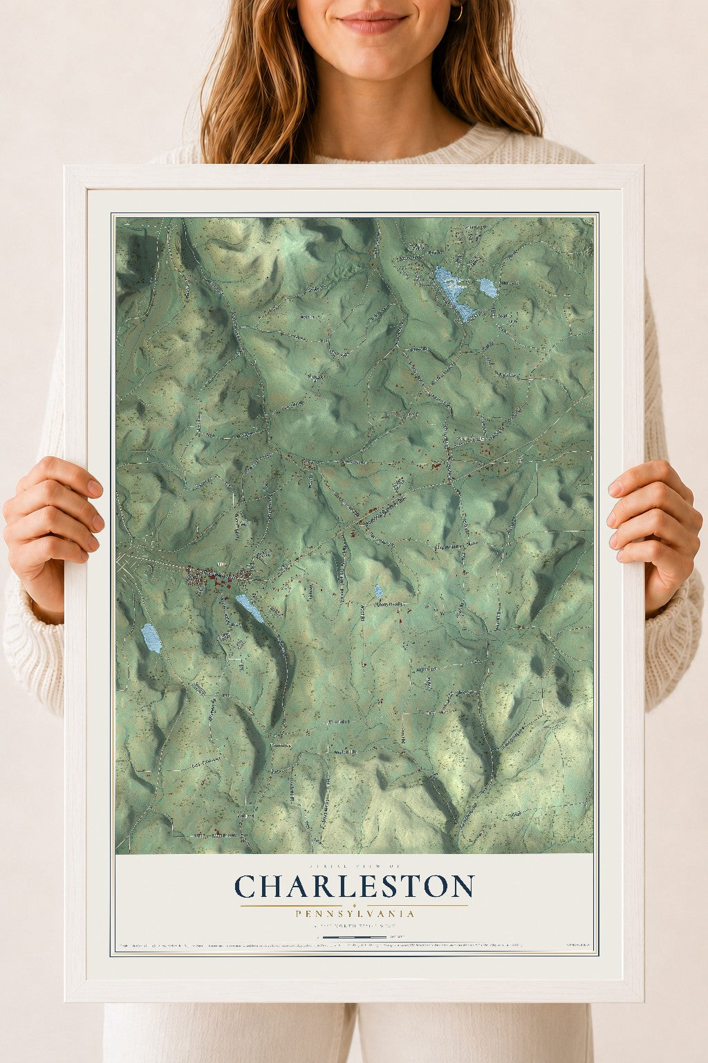 Map of Charleston, Pennsylvania, 18 x 24 inch print in a white wood frame