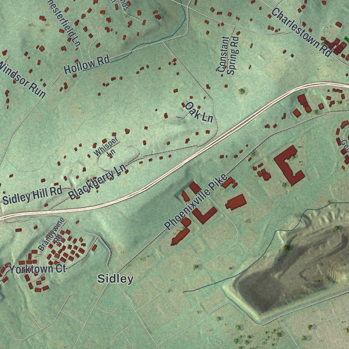 Second close-up of the map of Charlestown, Pennsylvania print showing more streets and buildings