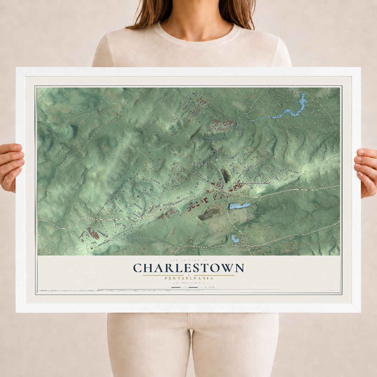 Map of Charlestown, Pennsylvania, 18 x 24 inch print in a white wood frame