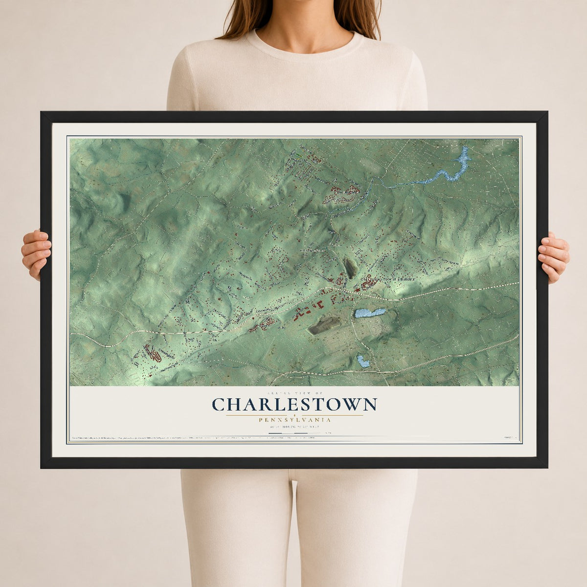 Map of Charlestown, Pennsylvania, 24 x 36 inch print in a black wood frame