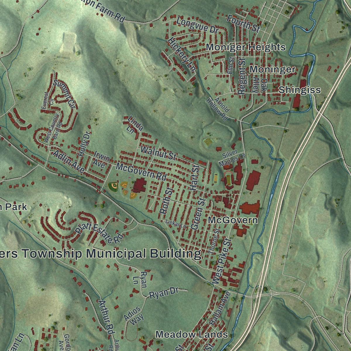 Close-up of the map of Chartiers, Pennsylvania print showing street and building detail