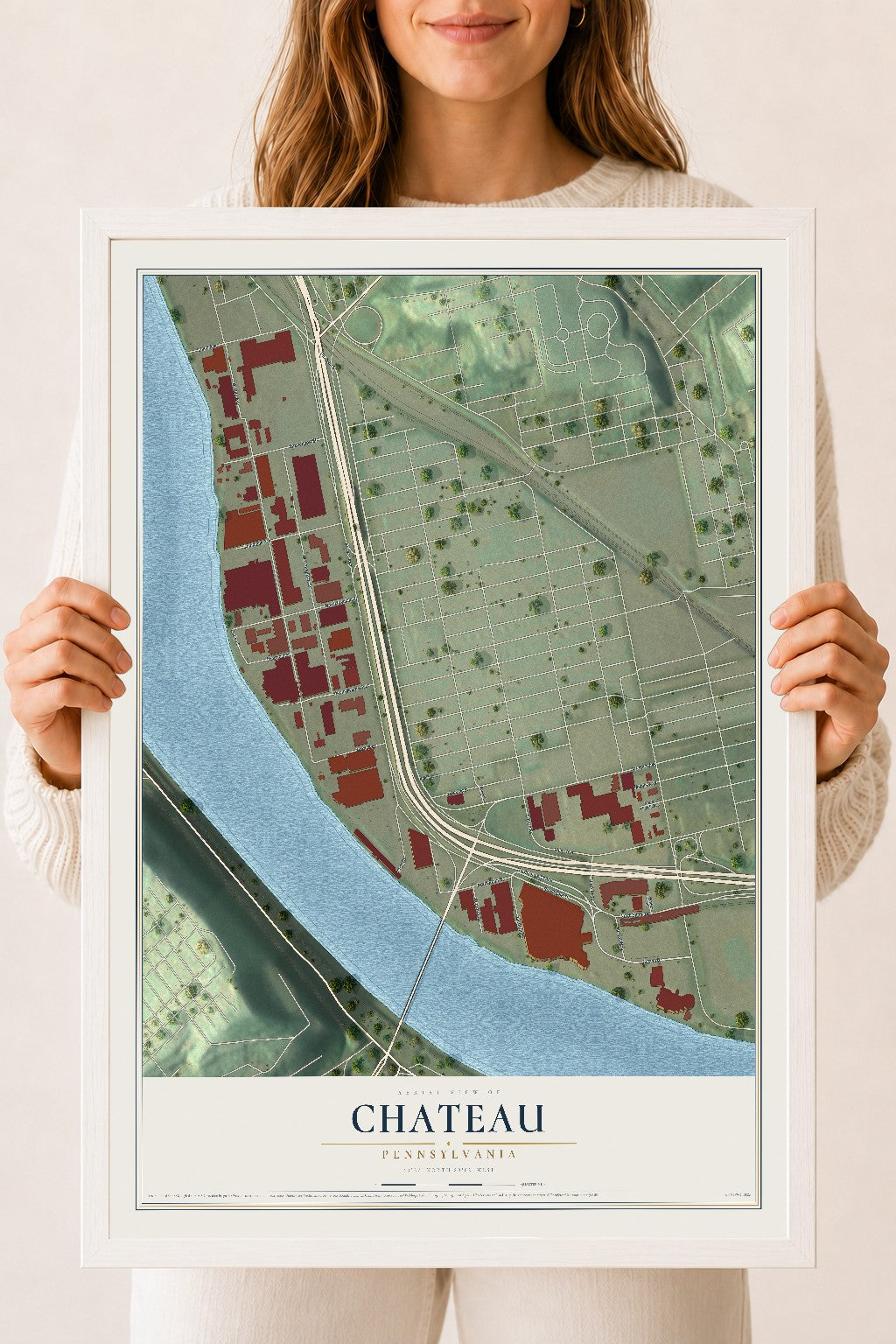 Map of Chateau, Pennsylvania, 18 x 24 inch print in a white wood frame