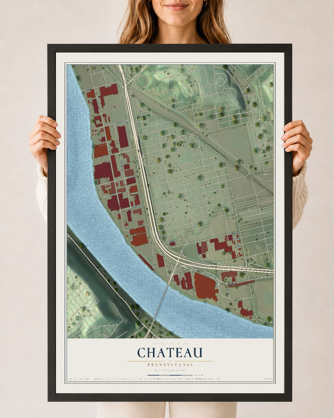 Map of Chateau, Pennsylvania, 24 x 36 inch print in a black wood frame