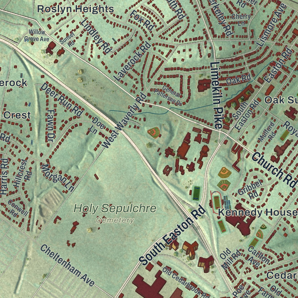 Close-up of the map of Cheltenham, Pennsylvania print showing street and building detail