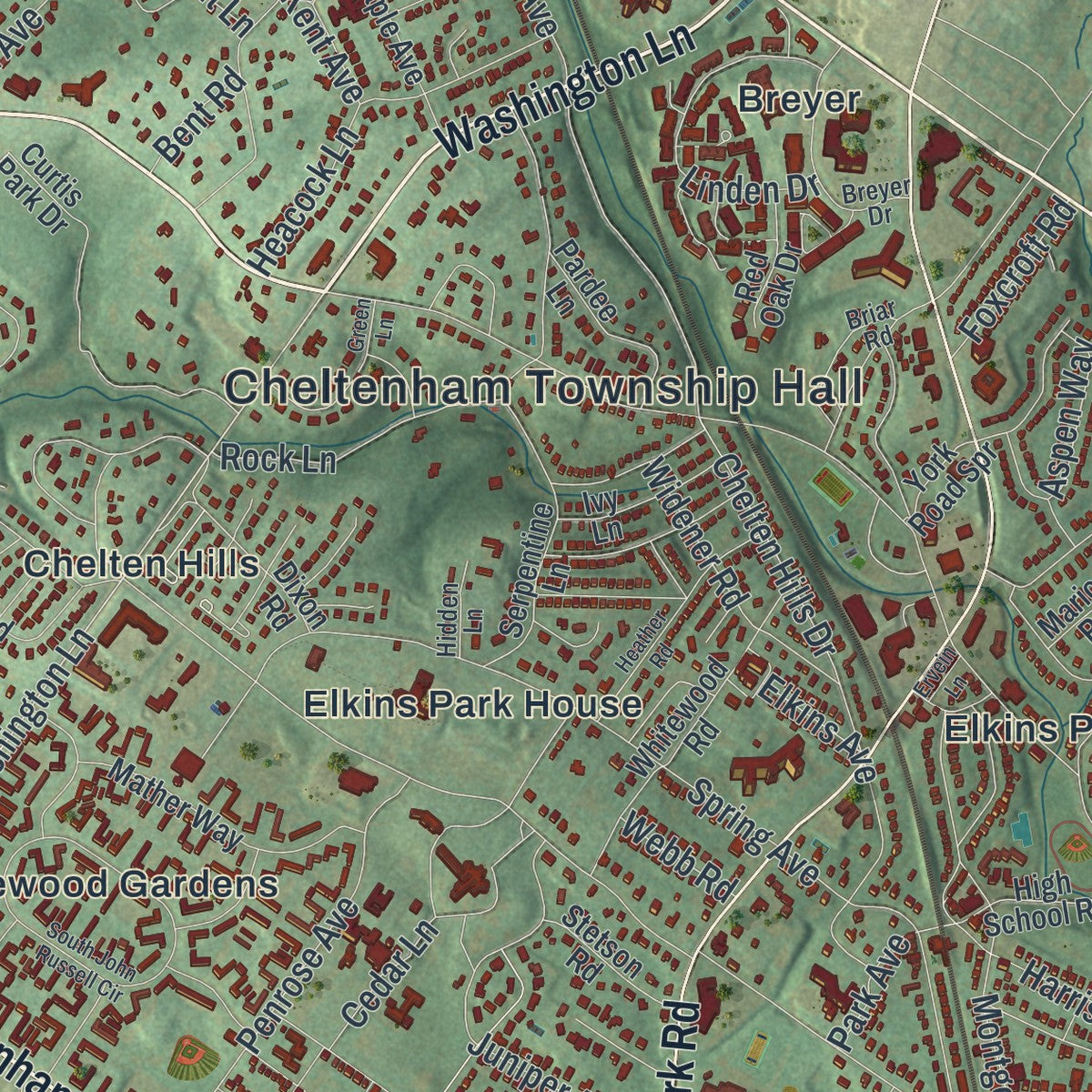 Second close-up of the map of Cheltenham, Pennsylvania print showing more streets and buildings