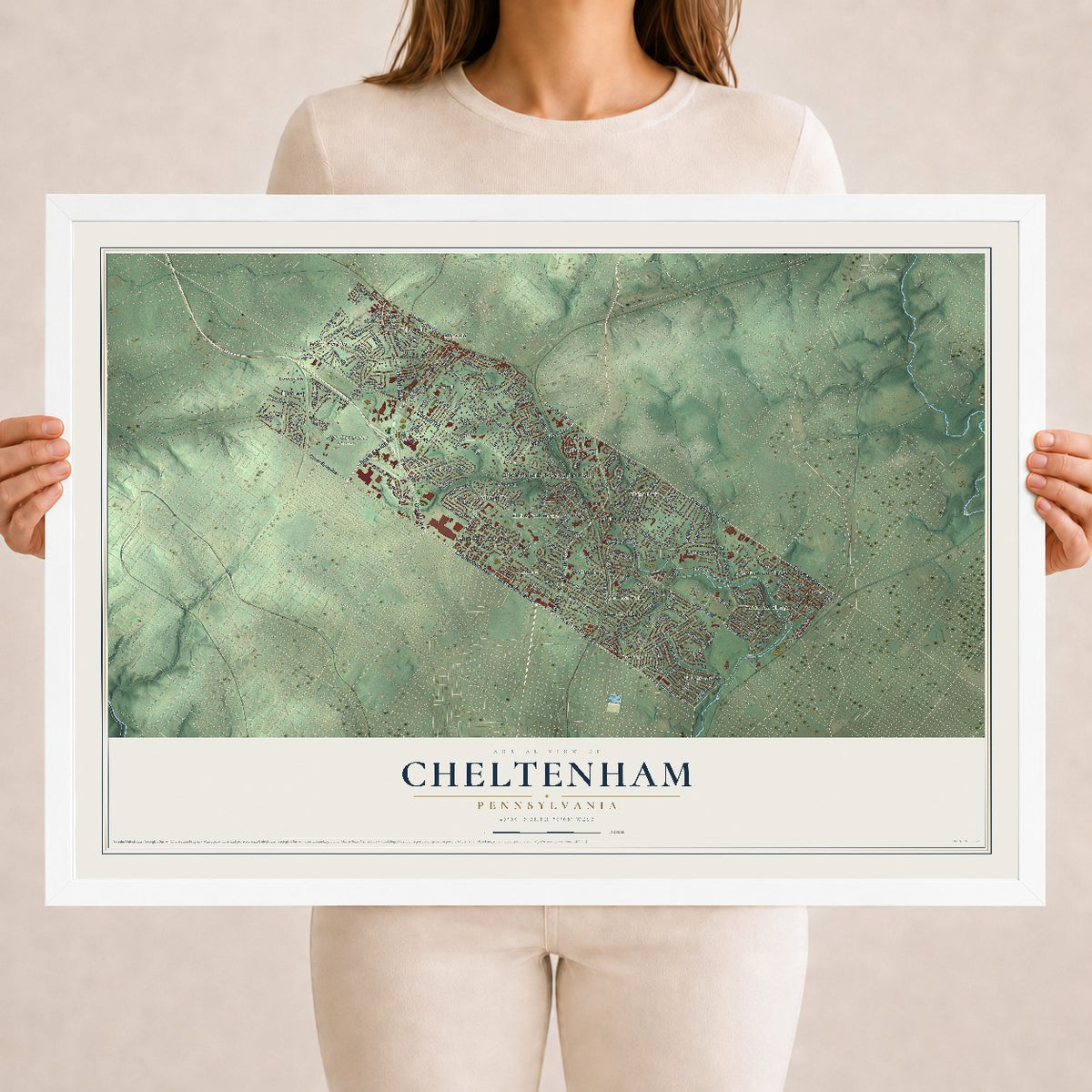 Map of Cheltenham, Pennsylvania, 18 x 24 inch print in a white wood frame