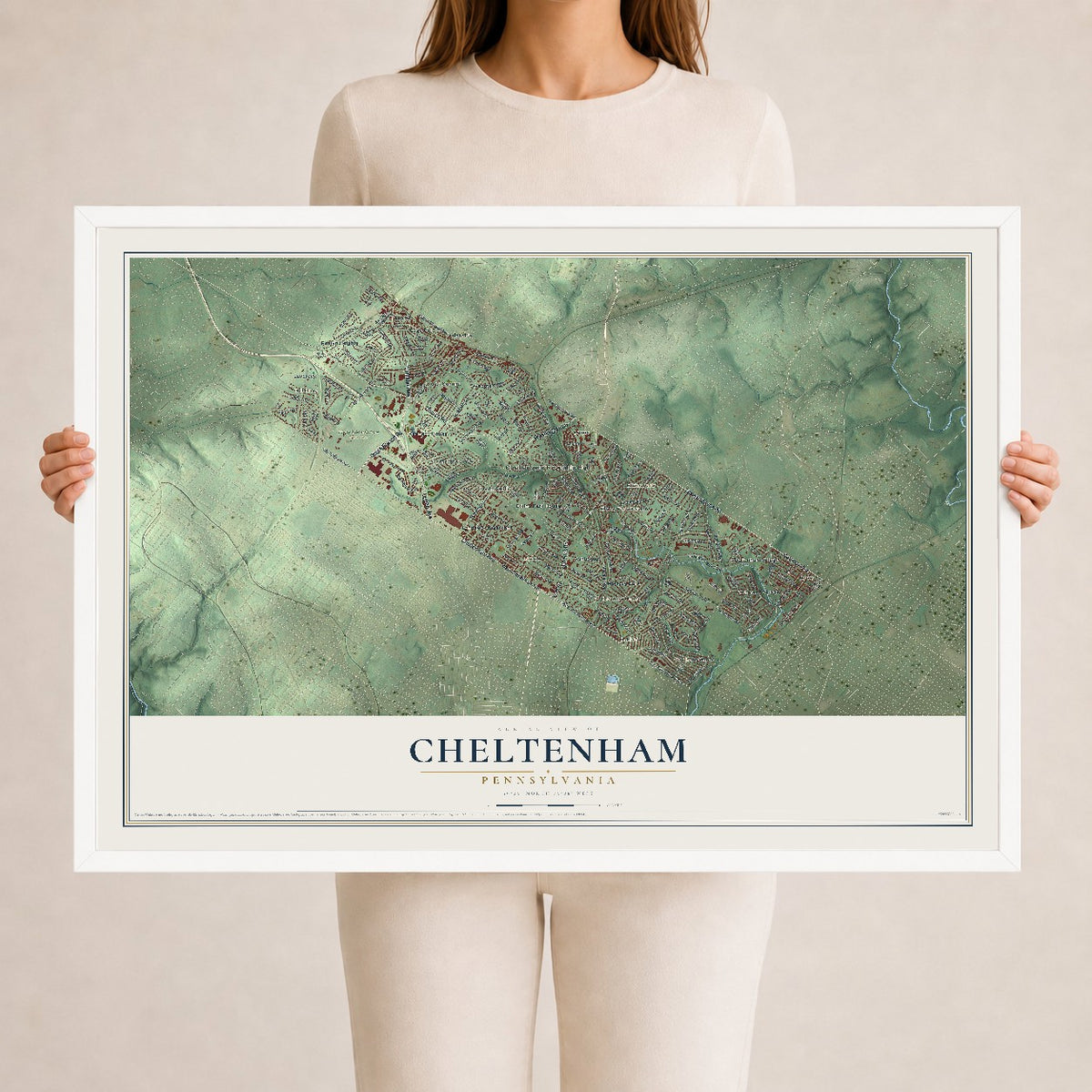 Map of Cheltenham, Pennsylvania, 24 x 36 inch print in a white wood frame
