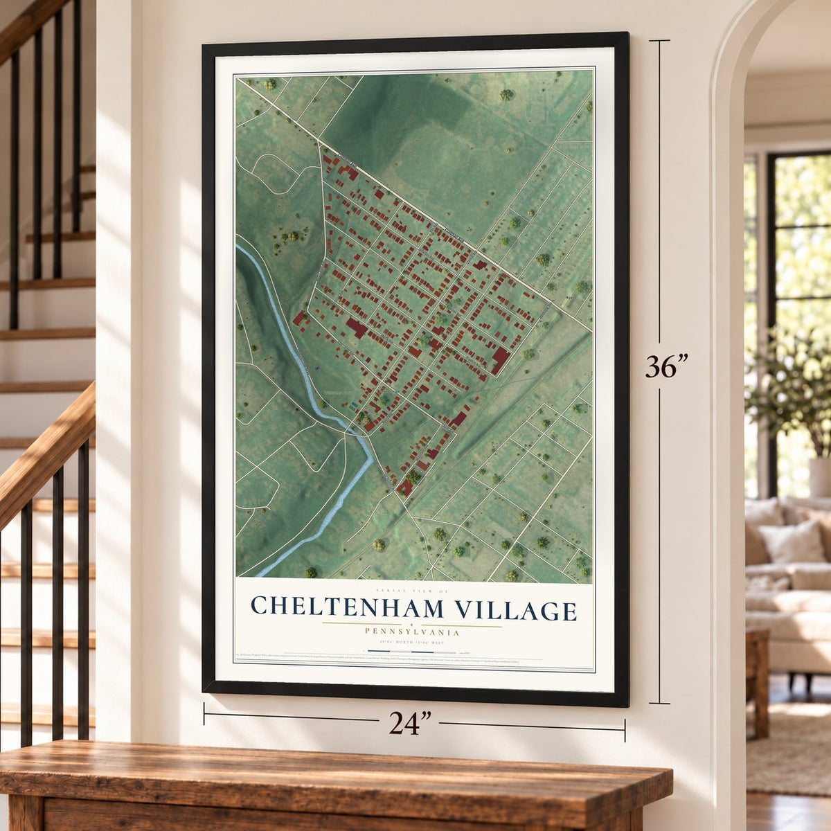Cheltenham Village, Pennsylvania map, 24 x 36 inch print in a black frame by a staircase