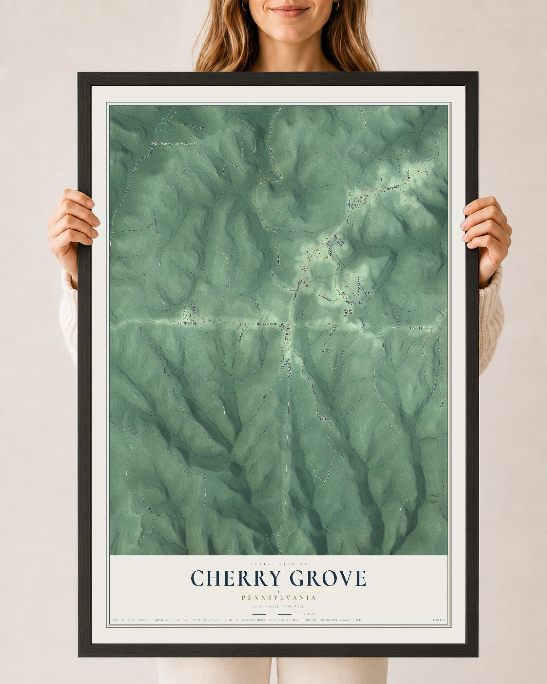 Map of Cherry Grove, Pennsylvania, 24 x 36 inch print in a black wood frame