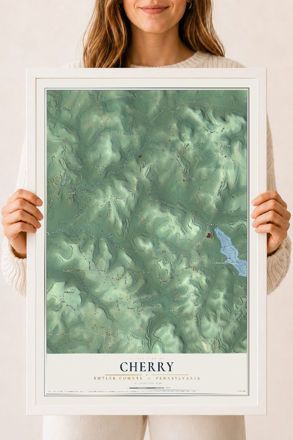 Map of Cherry, Butler County, Pennsylvania, 18 x 24 inch print in a white wood frame