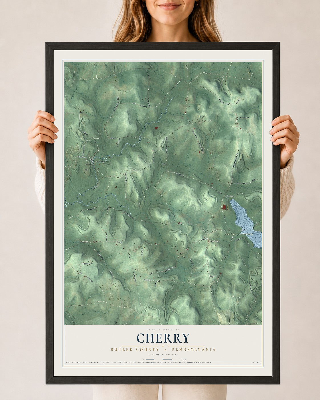 Map of Cherry, Butler County, Pennsylvania, 24 x 36 inch print in a black wood frame