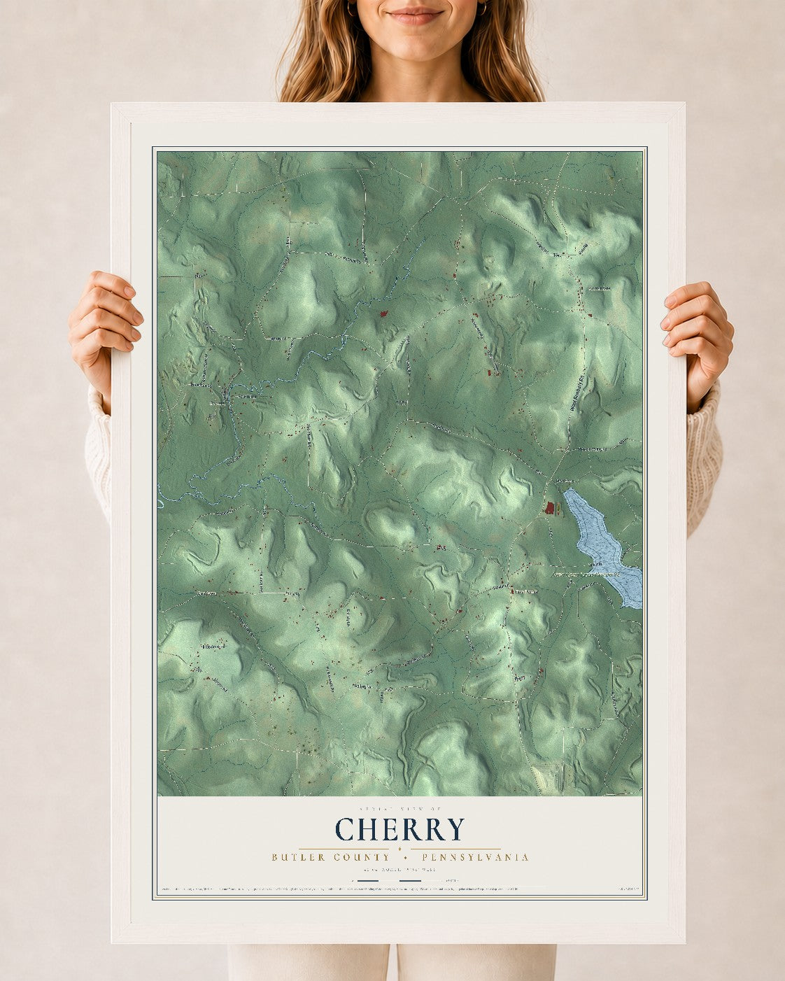 Map of Cherry, Butler County, Pennsylvania, 24 x 36 inch print in a white wood frame