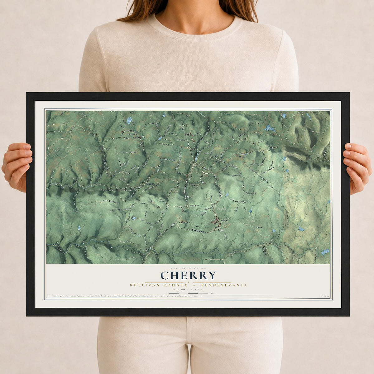 Map of Cherry, Sullivan County, Pennsylvania, 12 x 18 inch print in a black wood frame
