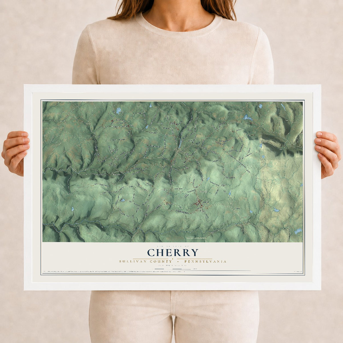 Map of Cherry, Sullivan County, Pennsylvania, 12 x 18 inch print in a white wood frame