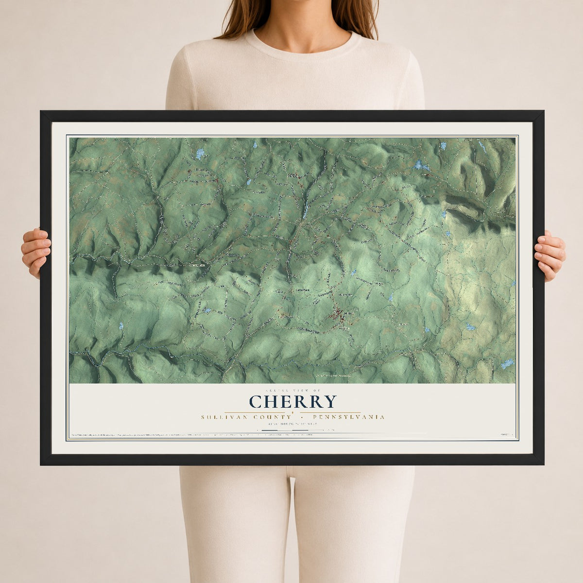 Map of Cherry, Sullivan County, Pennsylvania, 24 x 36 inch print in a black wood frame