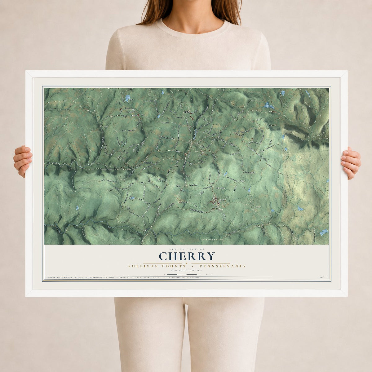 Map of Cherry, Sullivan County, Pennsylvania, 24 x 36 inch print in a white wood frame