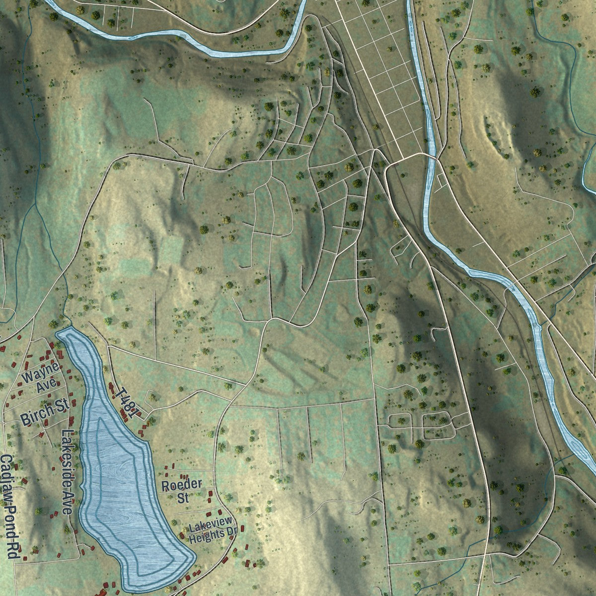 Close-up of the map of Cherry Ridge, Pennsylvania print showing street and building detail