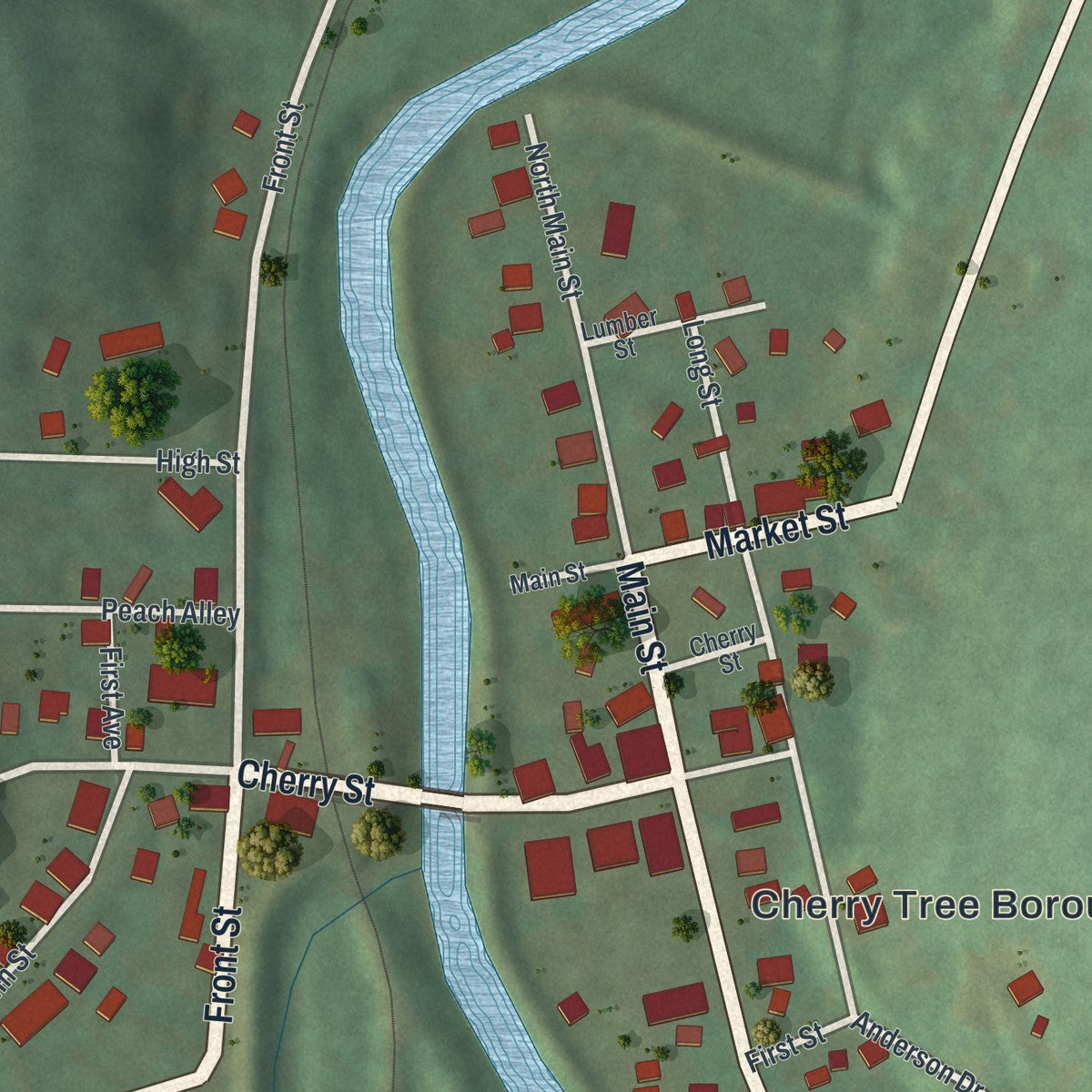 Close-up of the map of Cherry Tree, Pennsylvania print showing street and building detail