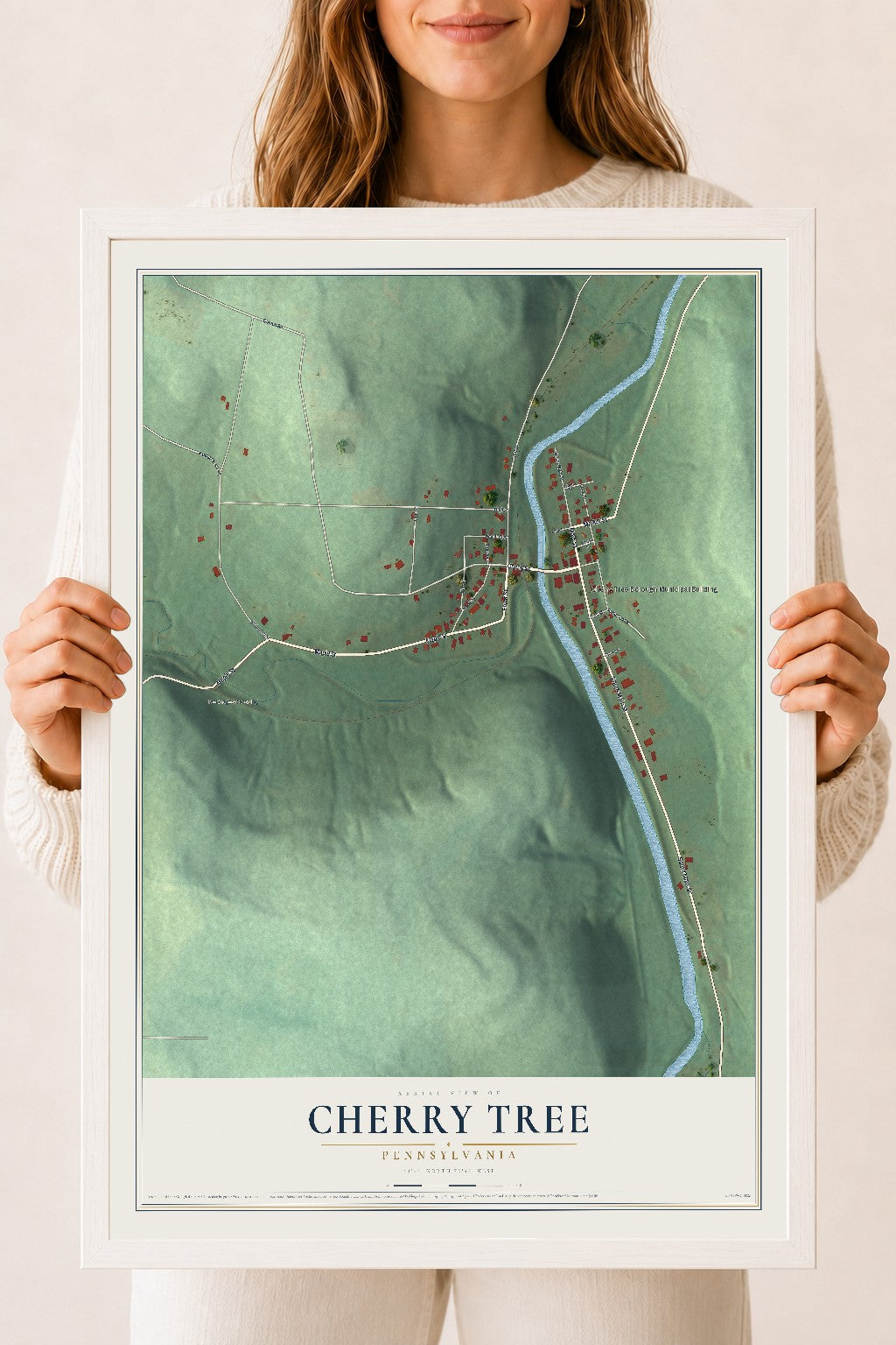 Map of Cherry Tree, Pennsylvania, 18 x 24 inch print in a white wood frame