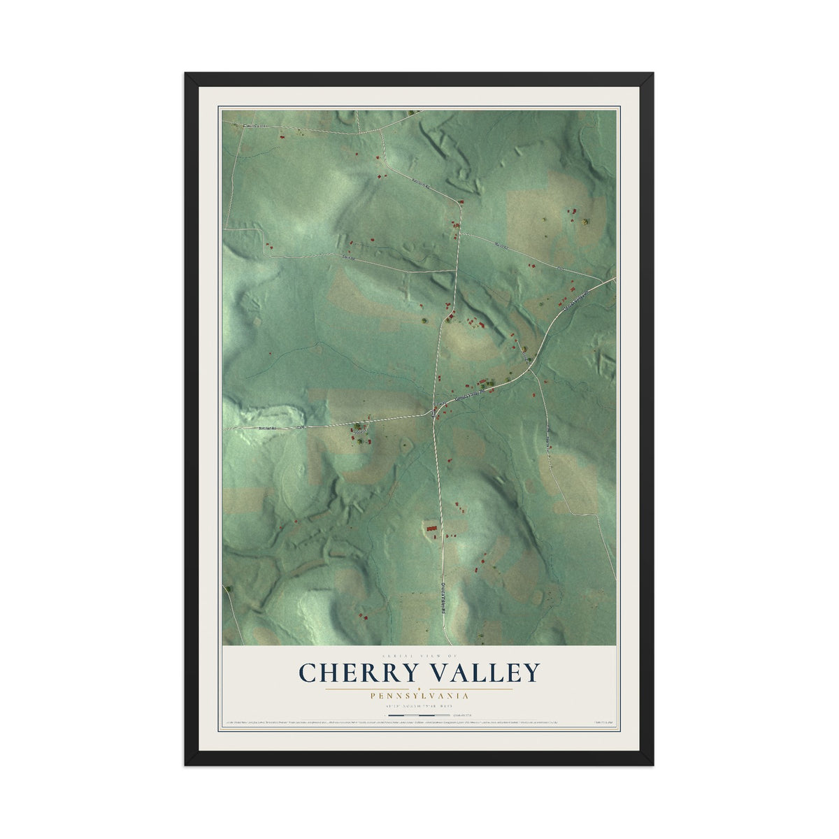 Map of Cherry Valley, Pennsylvania, 12 x 18 inch print in a black wood frame