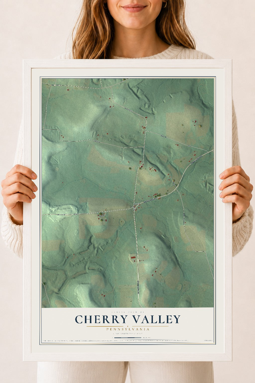 Map of Cherry Valley, Pennsylvania, 18 x 24 inch print in a white wood frame
