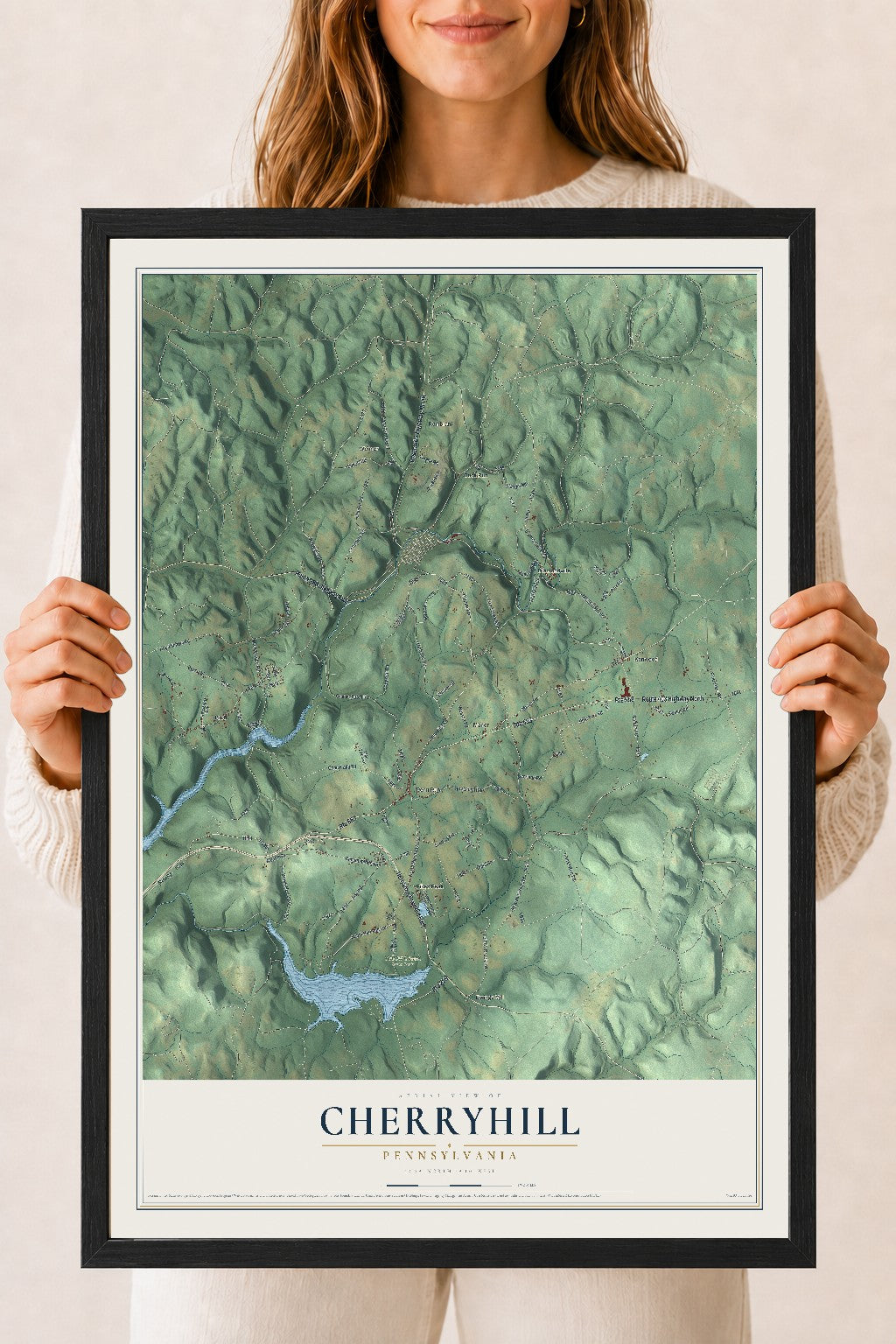Map of Cherryhill, Pennsylvania, 18 x 24 inch print in a black wood frame