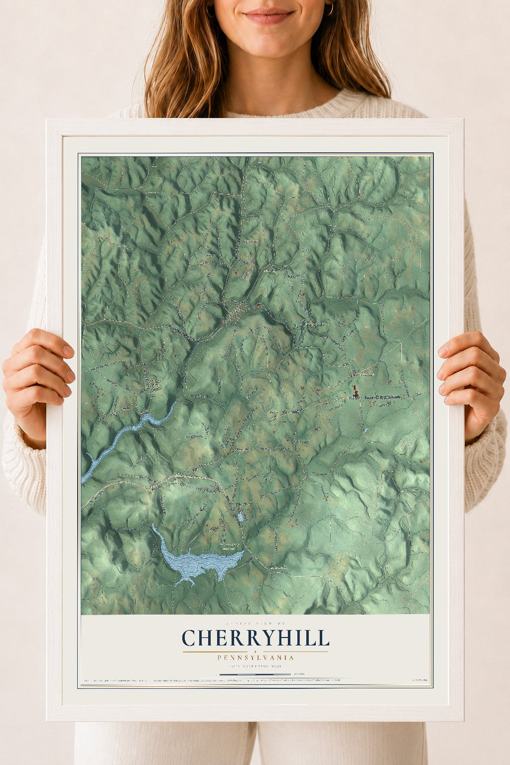 Map of Cherryhill, Pennsylvania, 18 x 24 inch print in a white wood frame