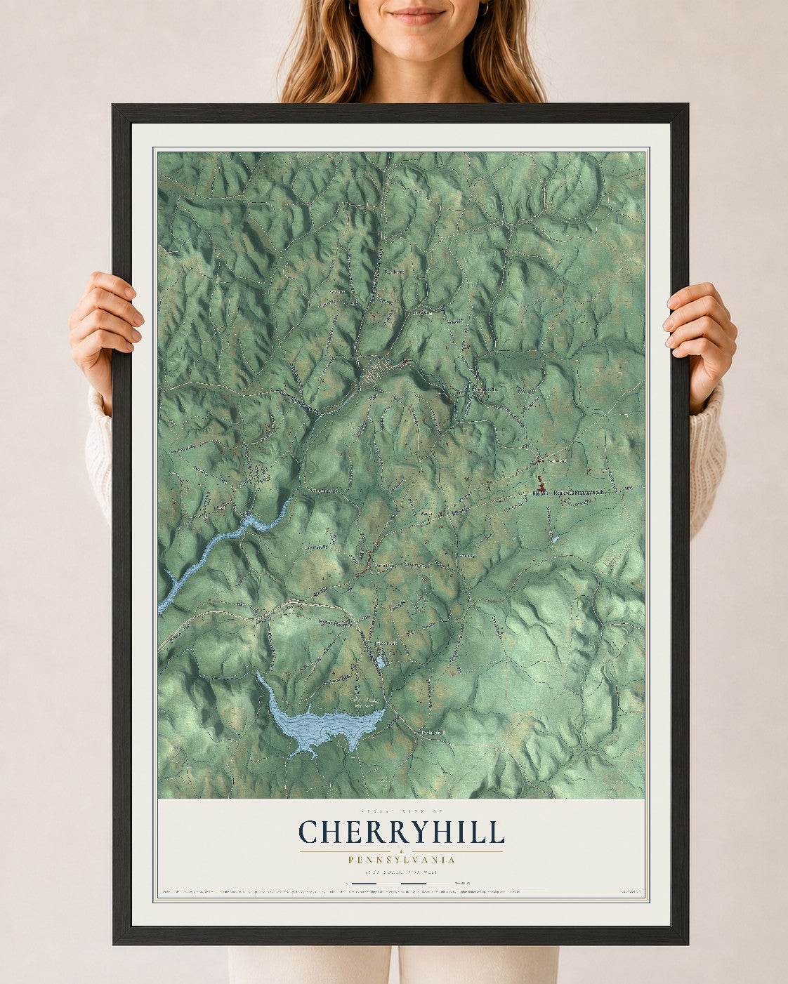 Map of Cherryhill, Pennsylvania, 24 x 36 inch print in a black wood frame