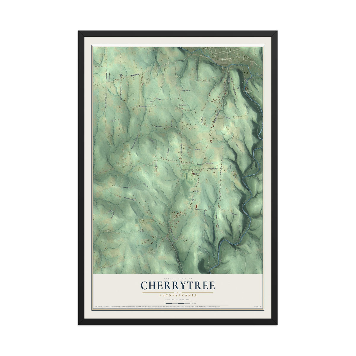 Map of Cherrytree, Pennsylvania, 12 x 18 inch print in a black wood frame