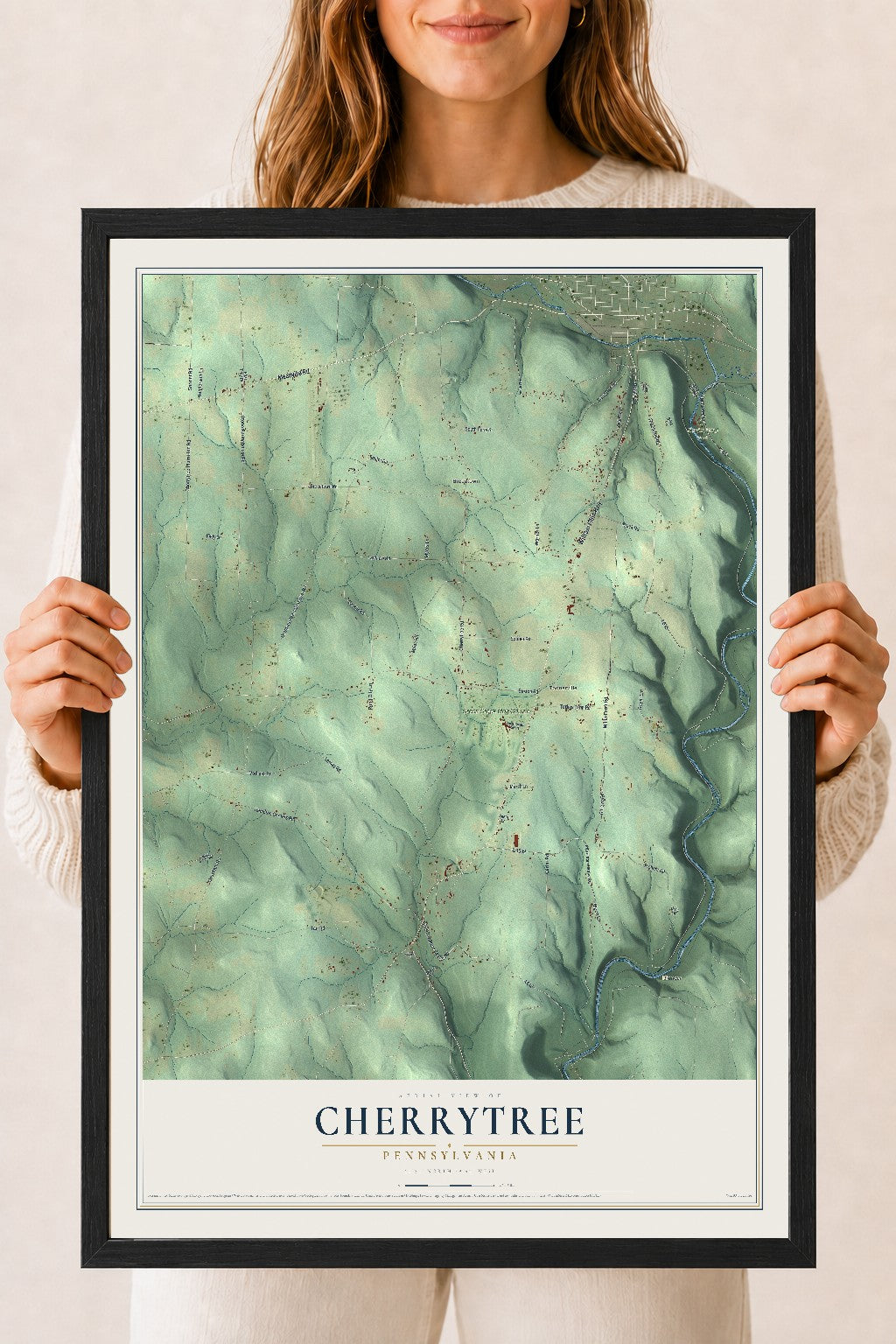 Map of Cherrytree, Pennsylvania, 18 x 24 inch print in a black wood frame