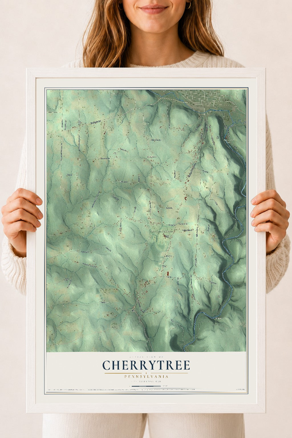 Map of Cherrytree, Pennsylvania, 18 x 24 inch print in a white wood frame