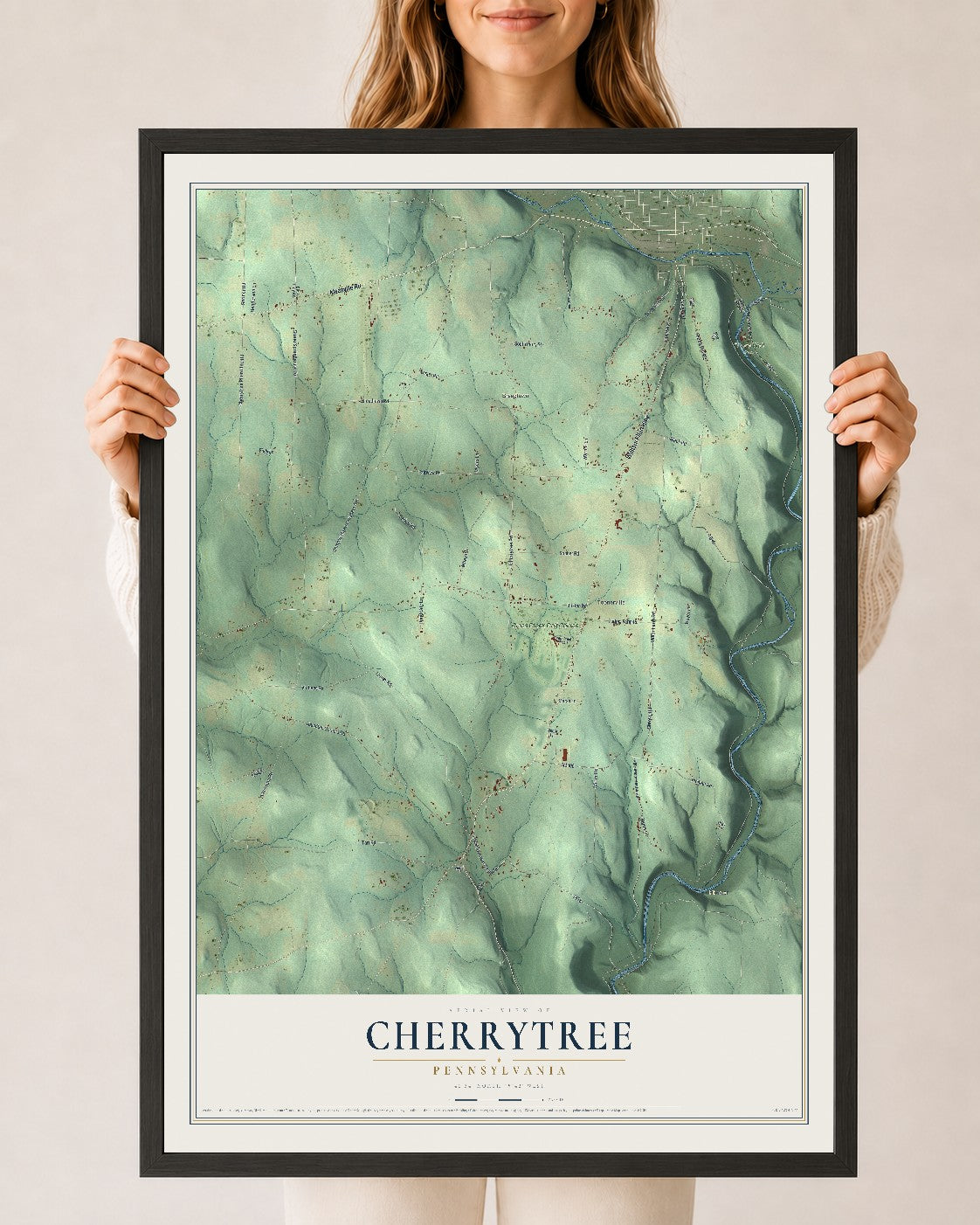 Map of Cherrytree, Pennsylvania, 24 x 36 inch print in a black wood frame