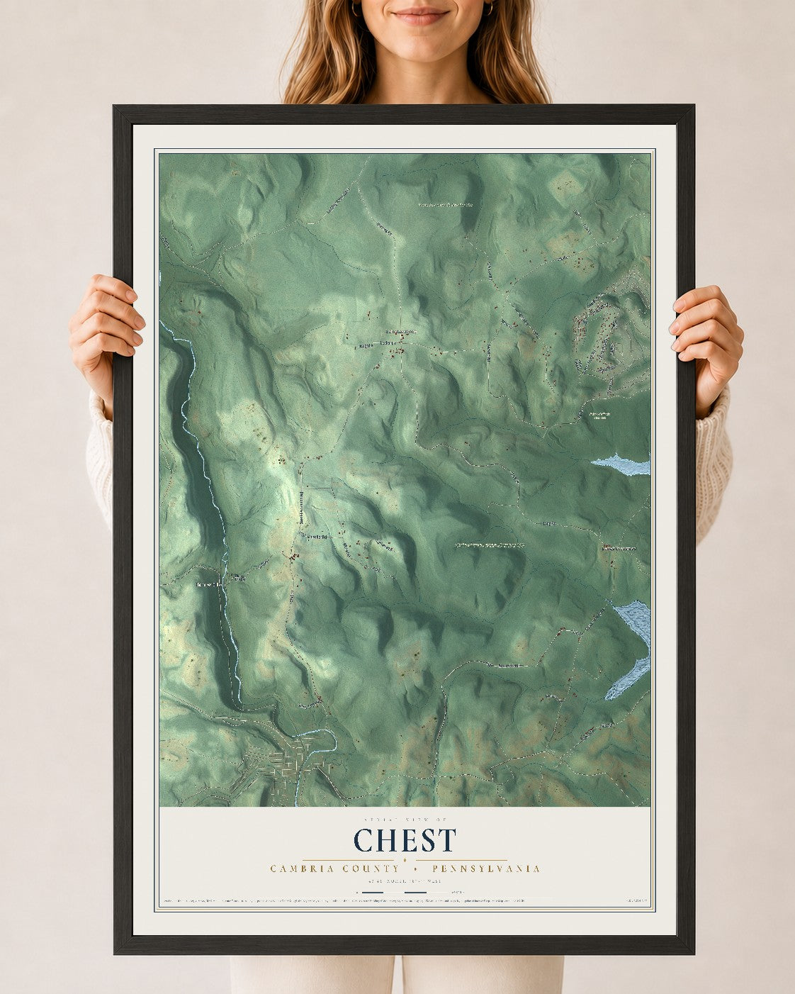Map of Chest, Cambria County, Pennsylvania, 24 x 36 inch print in a black wood frame