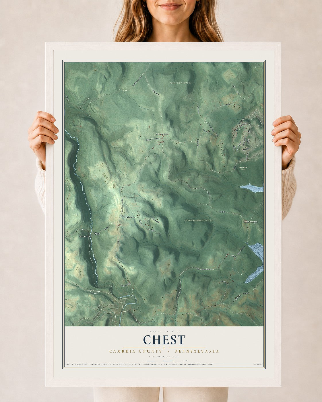 Map of Chest, Cambria County, Pennsylvania, 24 x 36 inch print in a white wood frame