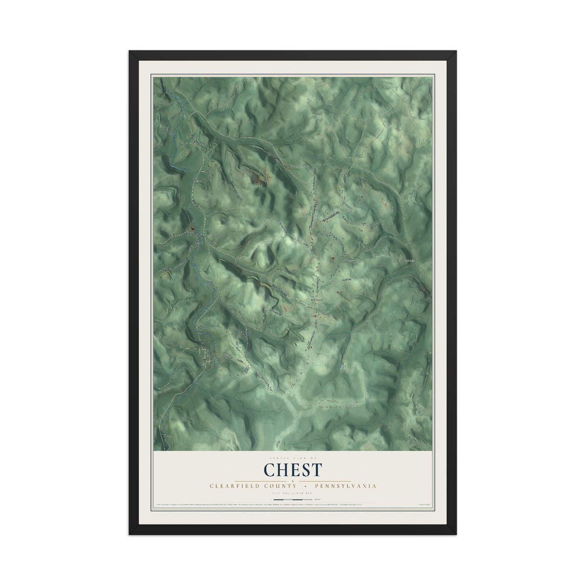 Map of Chest, Clearfield County, Pennsylvania, 12 x 18 inch print in a black wood frame