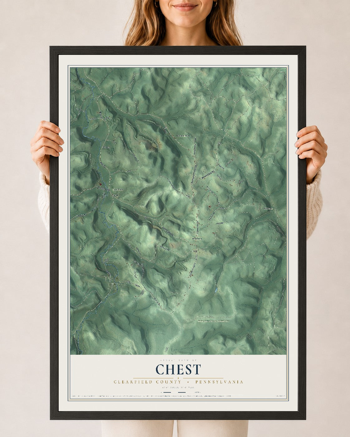 Map of Chest, Clearfield County, Pennsylvania, 24 x 36 inch print in a black wood frame