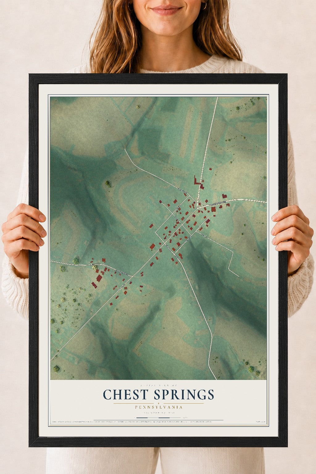 Map of Chest Springs, Pennsylvania, 18 x 24 inch print in a black wood frame