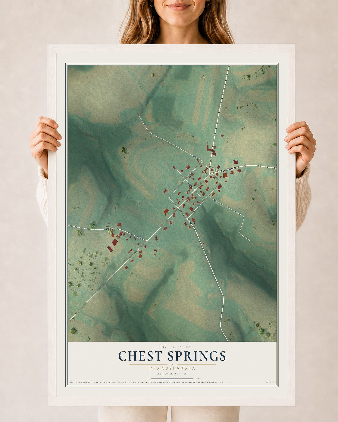 Map of Chest Springs, Pennsylvania, 24 x 36 inch print in a white wood frame