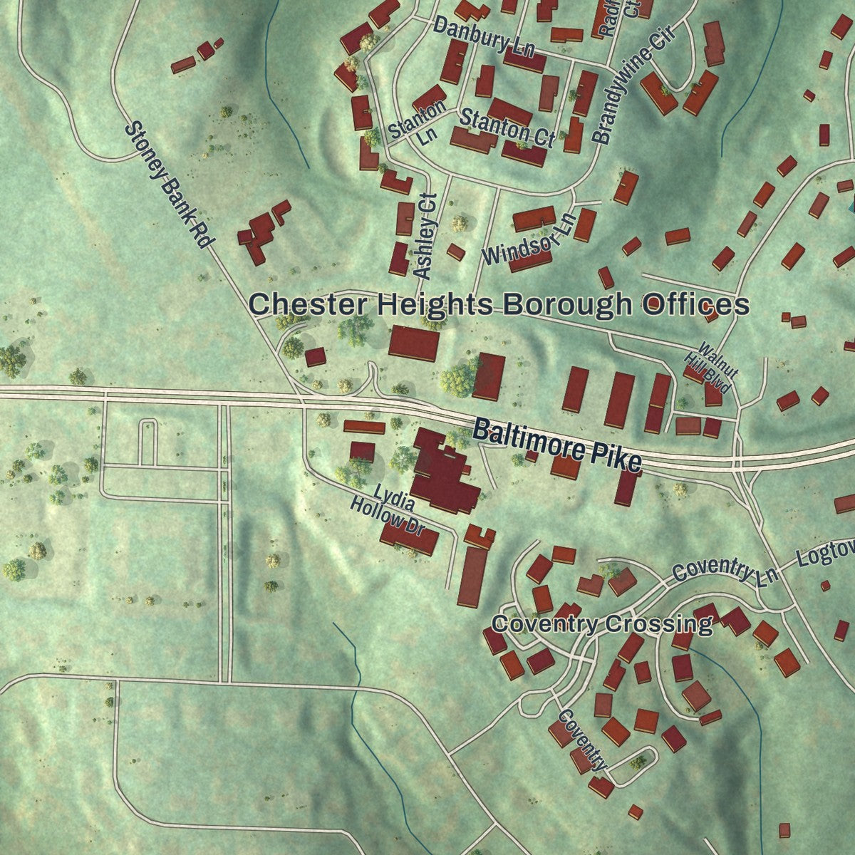 Close-up of the map of Chester Heights, Pennsylvania print showing street and building detail