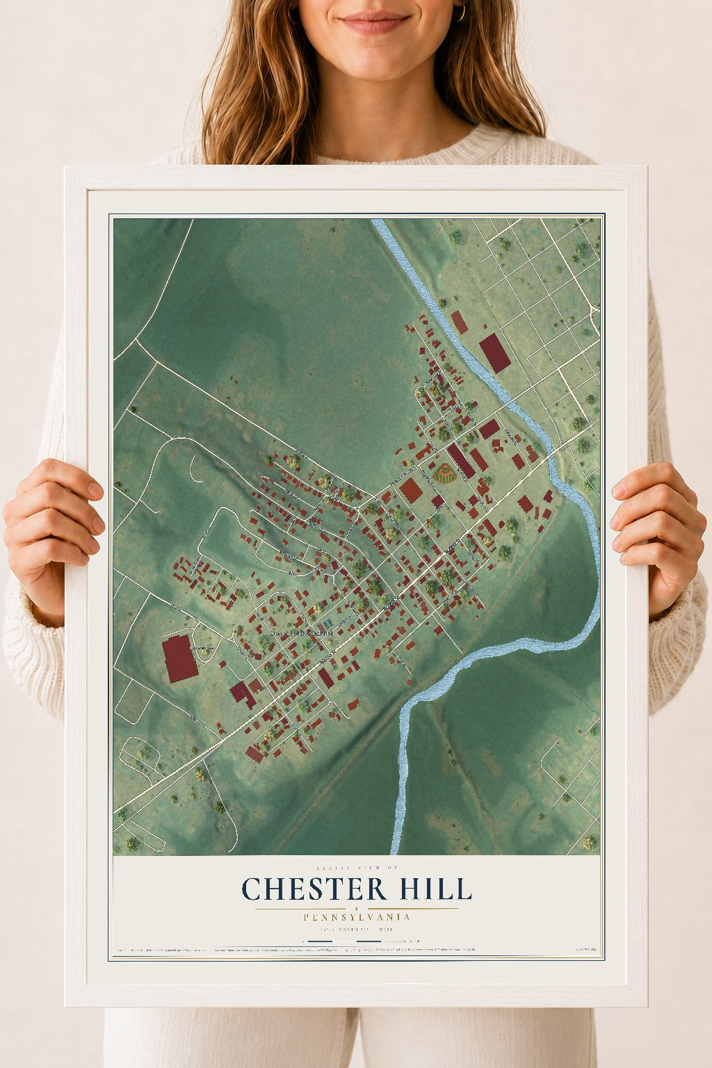 Map of Chester Hill, Pennsylvania, 18 x 24 inch print in a white wood frame