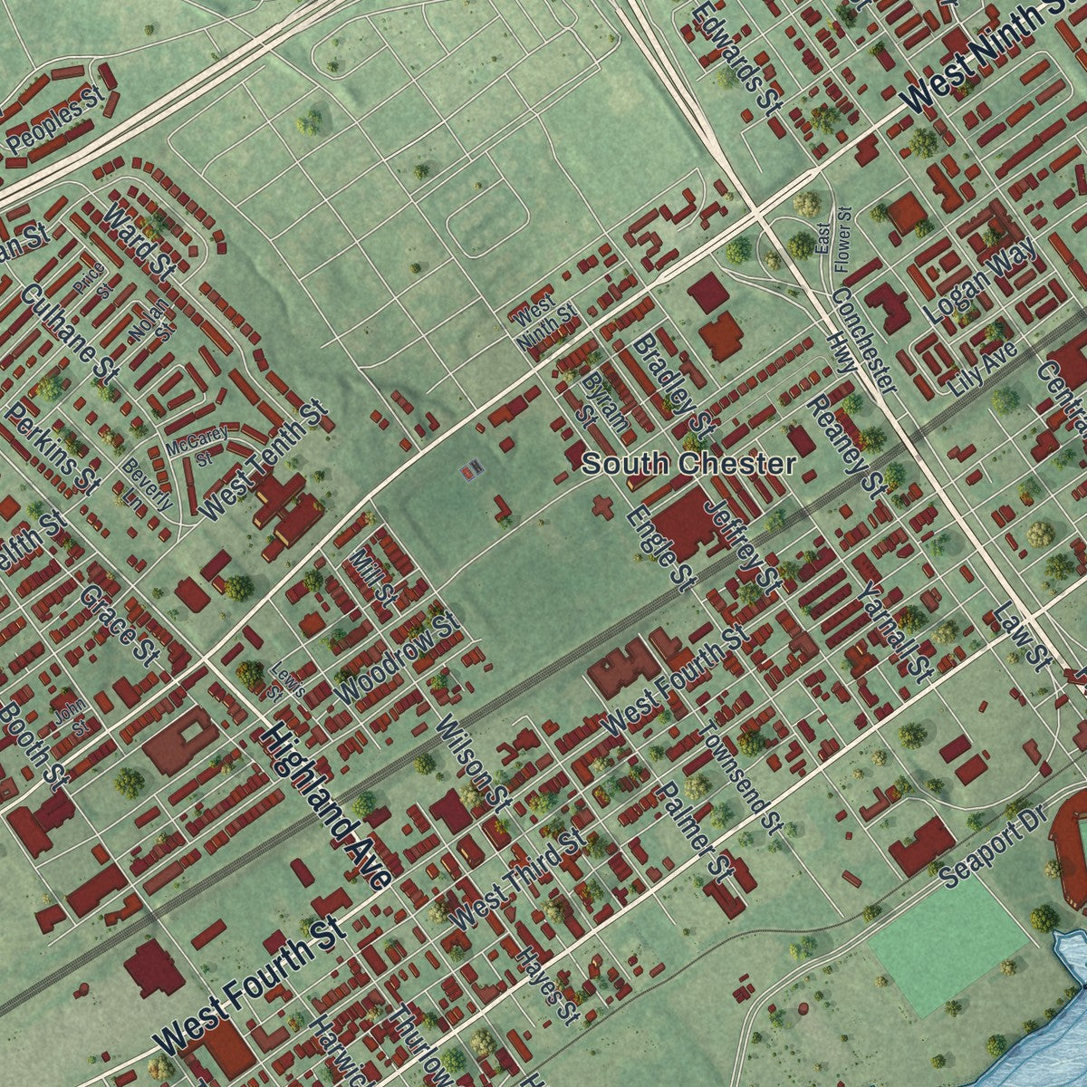 Second close-up of the map of the City of Chester, Delaware County, Pennsylvania print showing more streets and buildings